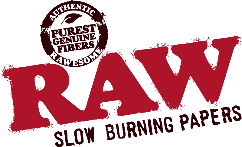 RAW Rolling Papers official sponsor logo in red letters on brown paper background