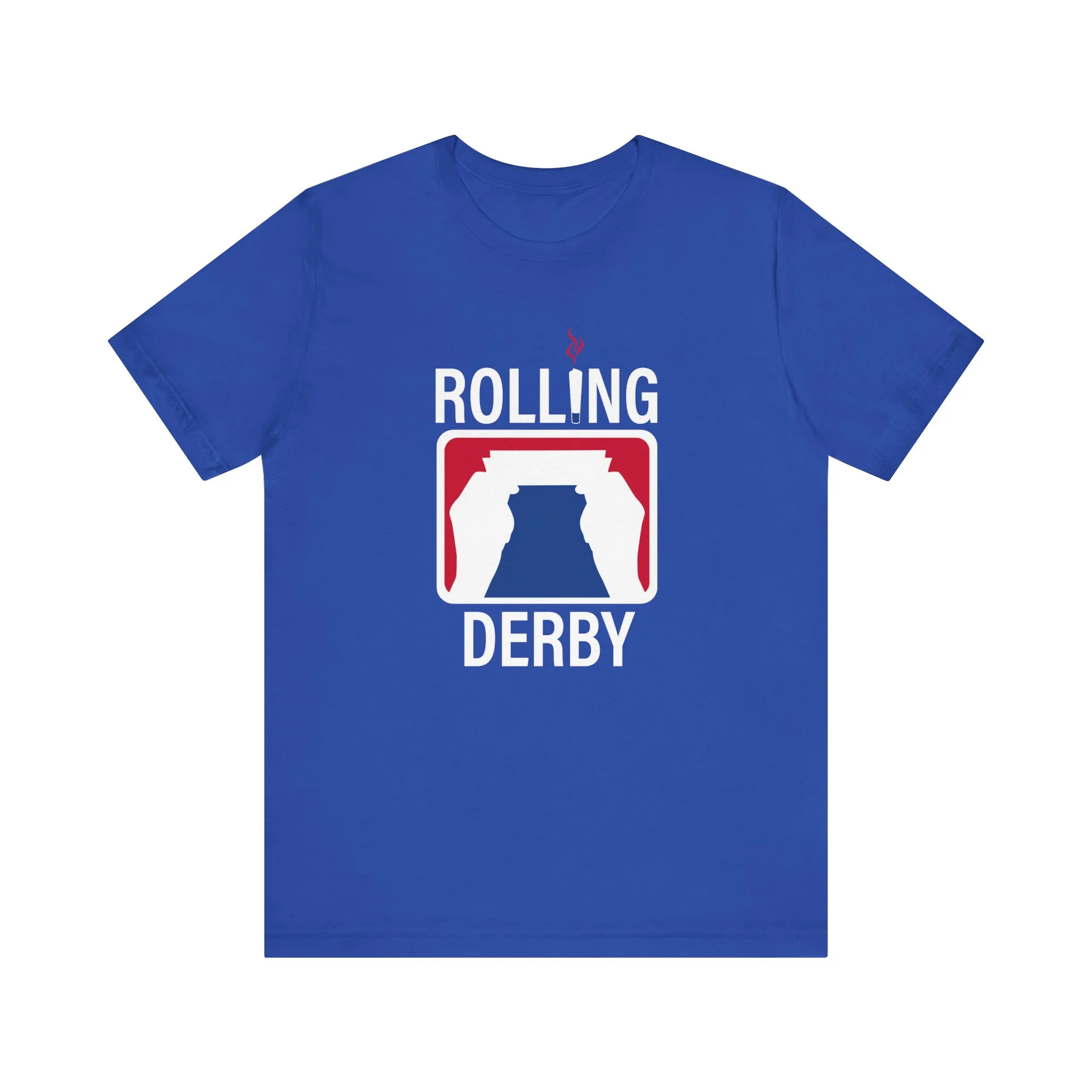 Rolling Derby Logo Tee, blue shirt with white Rolling Derby logo